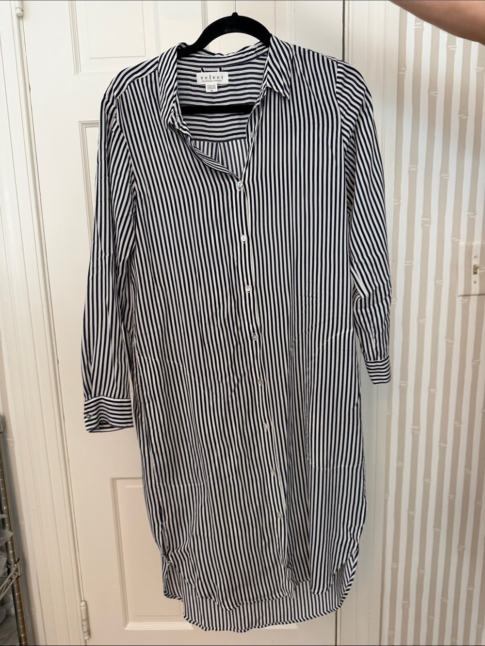 Velvet Black and White Vertical Stripe Long Sleeve Shirt Dress